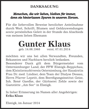 Traueranzeige von Gunter Klaus von WVG - Wochenspiegel Dessau / Köthen