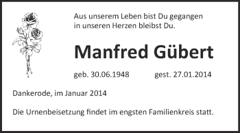 Traueranzeige von Manfred Gübert von Super Sonntag Quedlinburg