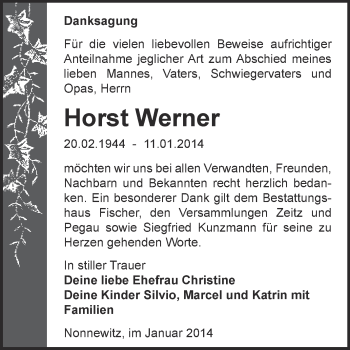 Traueranzeige von Horst Werner von Super Sonntag Zeitz