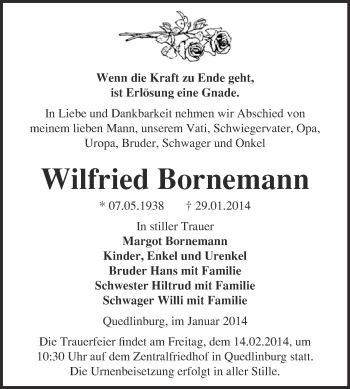 Traueranzeige von Wilfried Bornemann von WVG - Wochenspiegel Quedlinburg