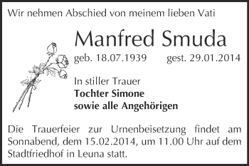 Traueranzeige von Manfred Smuda von Super Sonntag Merseburg