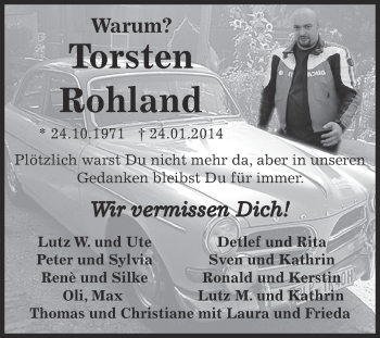 Traueranzeige von Torsten Rohland von Super Sonntag Zeitz