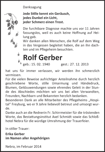 Traueranzeige von Rolf Gerber von WVG - Wochenspiegel NMB / WSF / ZTZ