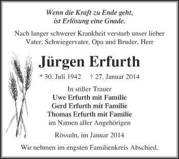 Traueranzeige von Jürgen Erfurth von WVG - Wochenspiegel NMB / WSF / ZTZ