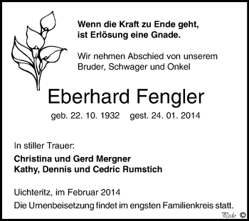 Traueranzeige von Eberhard Fengler von WVG - Wochenspiegel NMB / WSF / ZTZ