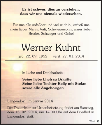 Traueranzeige von Werner Kuhnt von WVG - Wochenspiegel NMB / WSF / ZTZ