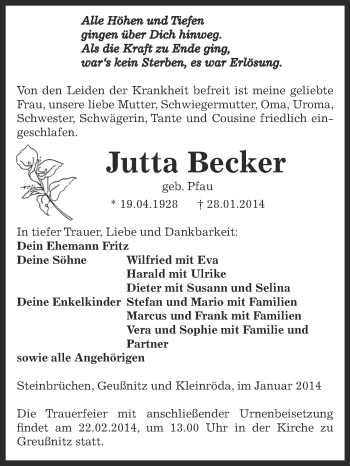 Traueranzeige von Jutta Becker von Super Sonntag Zeitz