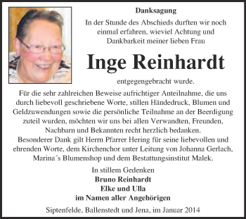 Traueranzeige von Inge Reinhardt von WVG - Wochenspiegel Quedlinburg