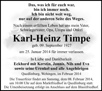 Traueranzeige von Karl-Heinz Timpe von WVG - Wochenspiegel Quedlinburg