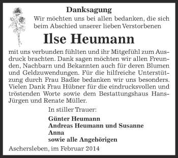 Traueranzeige von Ilse Heumann von WVG - Wochenspiegel Aschersleben