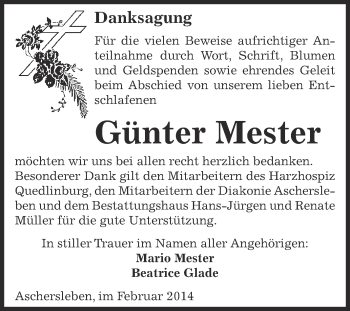 Traueranzeige von Günter Mester von WVG - Wochenspiegel Aschersleben