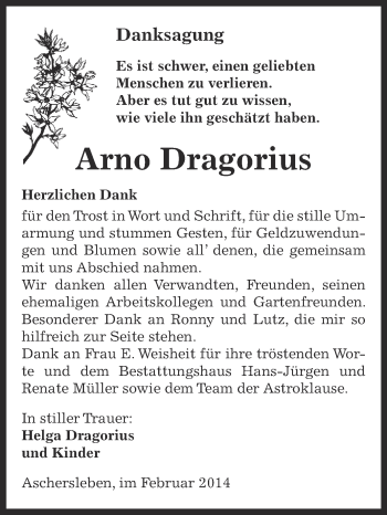 Traueranzeige von Arno Dragorius von WVG - Wochenspiegel Aschersleben