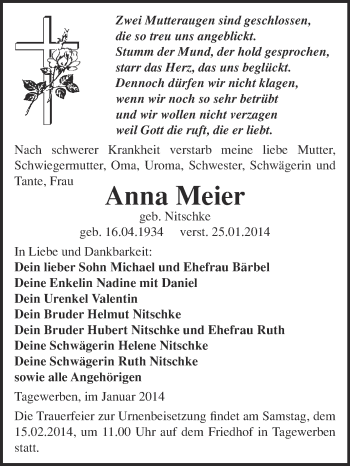 Traueranzeige von Tante Anna Meier von WVG - Wochenspiegel NMB / WSF / ZTZ