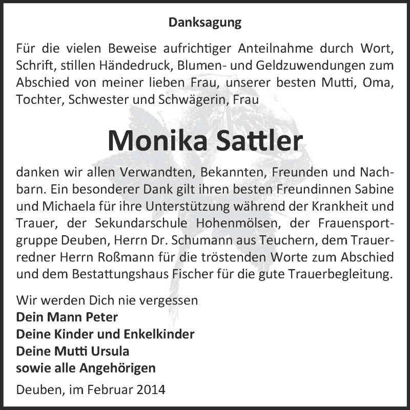  Traueranzeige für Monika Sattler vom 05.02.2014 aus WVG - Wochenspiegel NMB / WSF / ZTZ