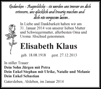 Traueranzeige von Elisabeth Klaus von Super Sonntag Aschersleben