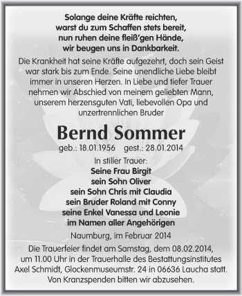 Traueranzeige von Bernd Sommer von WVG - Wochenspiegel NMB / WSF / ZTZ