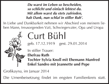Traueranzeige von Curt Bühl von WVG - Wochenspiegel Merseburg
