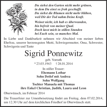 Traueranzeige von Sigrid Ponnewitz von WVG - Wochenspiegel Merseburg