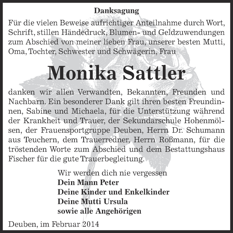  Traueranzeige für Monika Sattler vom 02.02.2014 aus Super Sonntag Zeitz