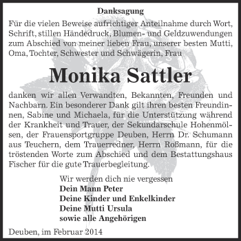 Traueranzeige von Monika Sattler von Super Sonntag Zeitz