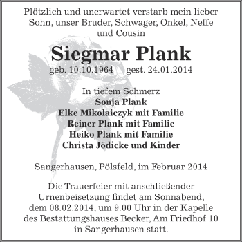 Traueranzeige von Siegmar Plank von Super Sonntag SGH Mansf. Land