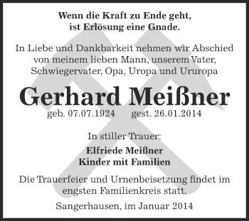Traueranzeige von Gerhard Meißner von Super Sonntag SGH Mansf. Land