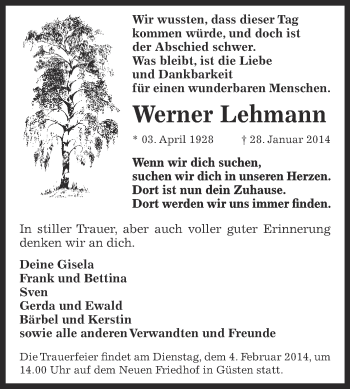 Traueranzeige von Werner Lehmann von Super Sonntag Bernburg