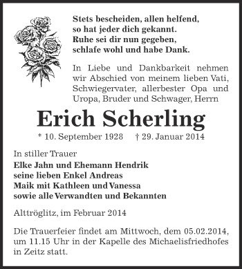 Traueranzeige von Erich Scherling von Super Sonntag Zeitz