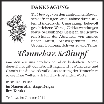Traueranzeige von Hannelore Schimpf von Super Sonntag Bernburg