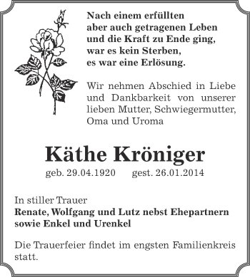 Traueranzeige von Käthe Kröniger von WVG - Wochenspiegel Dessau / Köthen