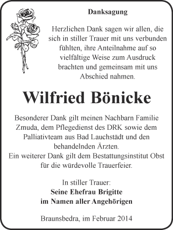 Traueranzeige von Wilfried Bönicke von Super Sonntag Merseburg