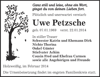 Traueranzeige von Uwe Petzsche von WVG - Wochenspiegel Bitterfeld