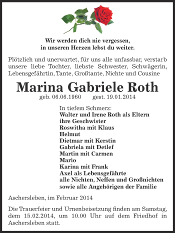 Traueranzeige von Marina Gabriele Roth von WVG - Wochenspiegel Aschersleben