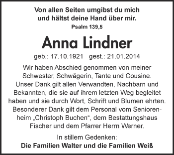 Traueranzeige von Anna Lindner von WVG - Wochenspiegel NMB / WSF / ZTZ