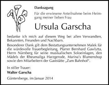 Traueranzeige von Ursula Garscha von WVG - Wochenspiegel Quedlinburg