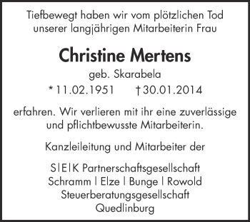 Traueranzeige von Christine Mertens von Super Sonntag Quedlinburg