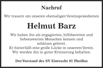 Traueranzeige von Helmut Barz von Super Sonntag Zeitz