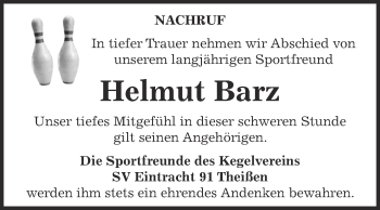 Traueranzeige von Helmut Barz von Super Sonntag Zeitz