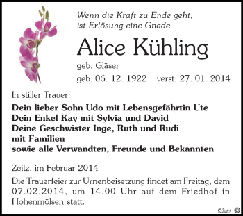Traueranzeige von Alice Kühling von Super Sonntag Zeitz
