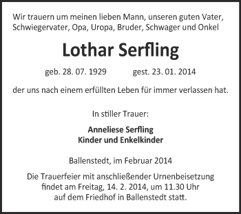 Traueranzeige von Lothar Serfling von WVG - Wochenspiegel Quedlinburg
