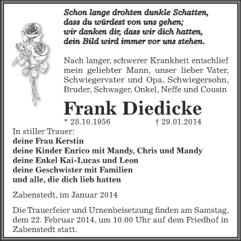 Traueranzeige von Frank Diedicke von Wochenspiegel Mansfelder Land