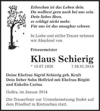 Traueranzeige von Klaus Schierig von Super Sonntag Zeitz