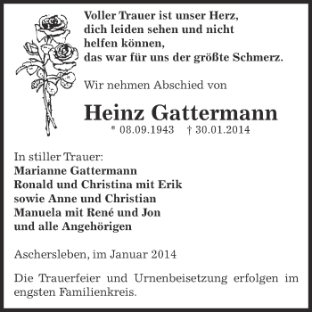 Traueranzeige von Heinz Gattermann von WVG - Wochenspiegel Aschersleben