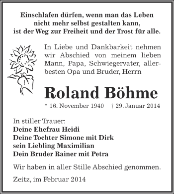 Traueranzeige von Roland Böhme von Super Sonntag Zeitz