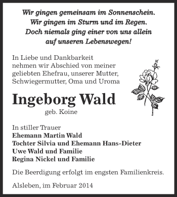 Traueranzeige von Ingeborg Wald von Super Sonntag Bernburg