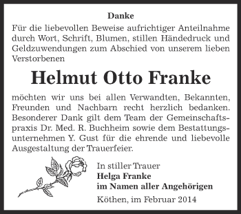 Traueranzeige von Helmut Otto Franke von WVG - Wochenspiegel Dessau / Köthen