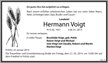 Traueranzeige von Hermann Voigt von WVG - Wochenspiegel NMB / WSF / ZTZ