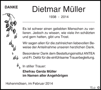 Traueranzeige von Dietmar Müller von WVG - Wochenspiegel NMB / WSF / ZTZ