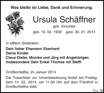Traueranzeige von Ursula Schäffner von WVG - Wochenspiegel NMB / WSF / ZTZ