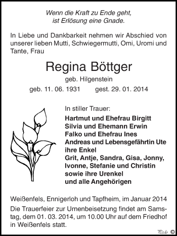 Traueranzeige von Regina Böttger von WVG - Wochenspiegel NMB / WSF / ZTZ